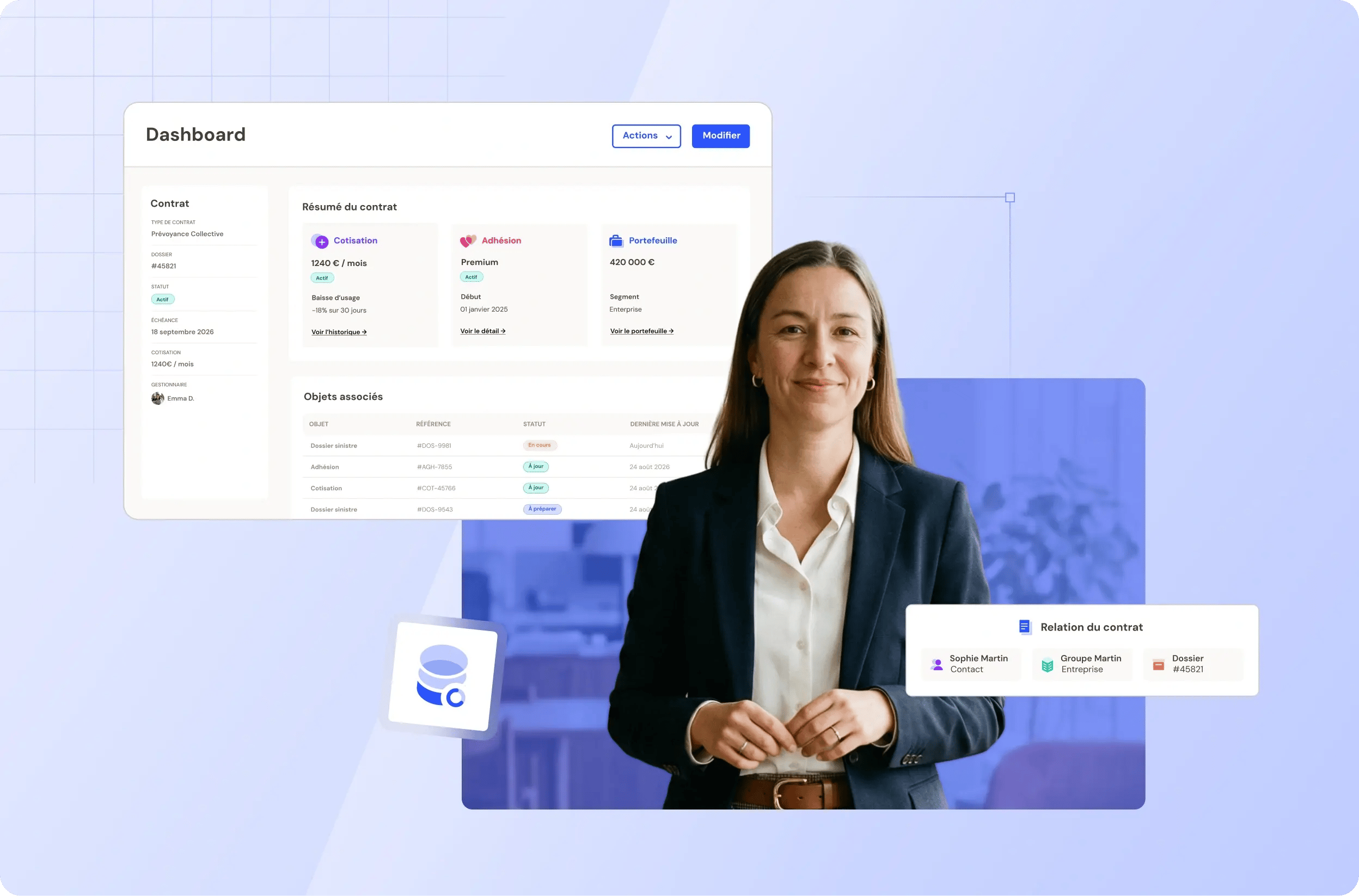 Une femme souriante debout. A côté d'elle, une image représentant un dashboard des différents contrats.
