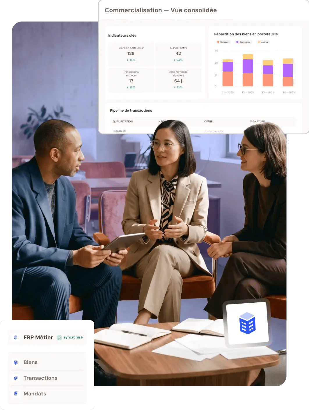 Équipe immobilière consultant un tableau de bord HubSpot de suivi des biens, des mandats et des transactions