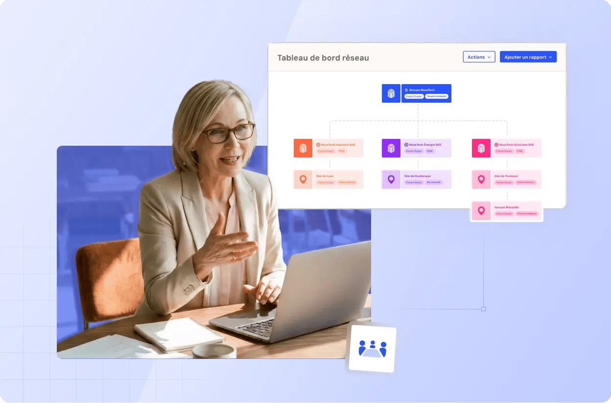 Une femme experte travaillant sur son ordinateur. Une image représentant le tableau de bord du réseau d'entreprise.