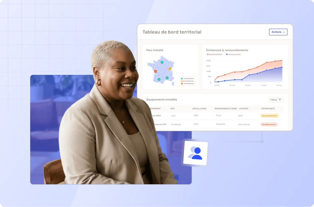 Une femme souriante et une illustration représentant un tableau de bord territorial.
