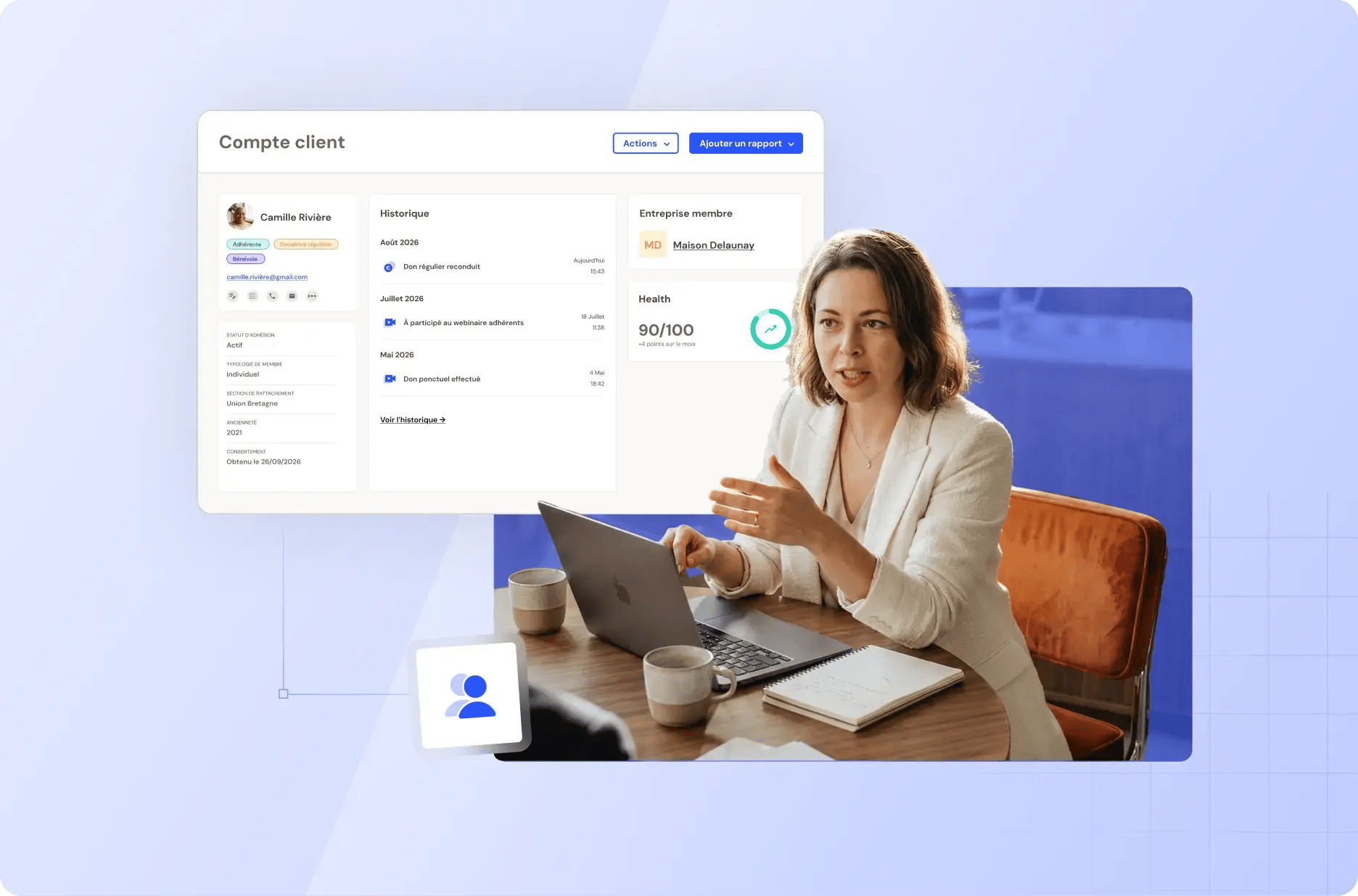 Fiche contact HubSpot d'un adhérent avec son statut d'adhésion, son historique de dons et sa section de rattachement