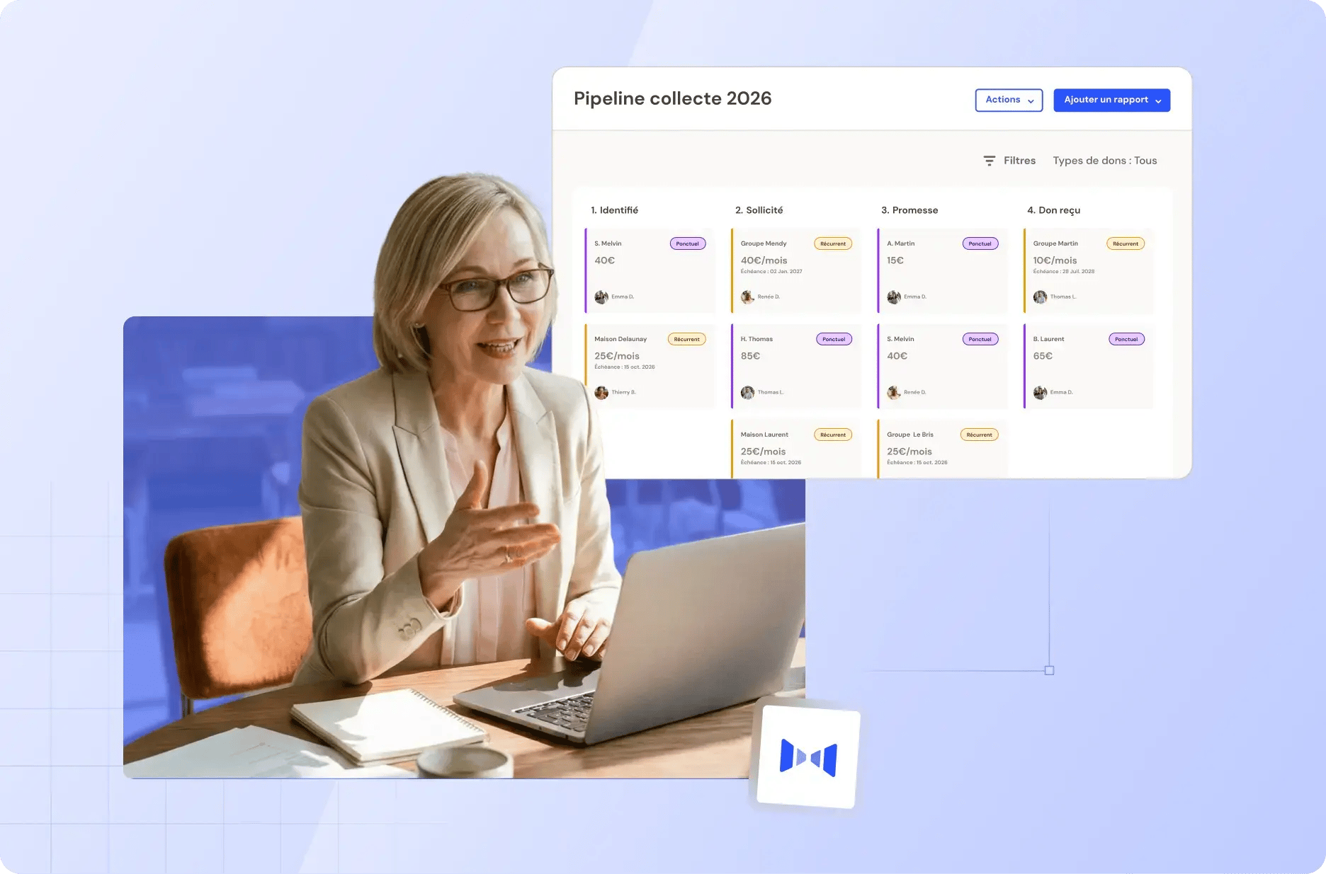 Pipeline HubSpot de suivi des dons avec étapes de collecte, montants et campagnes associées
