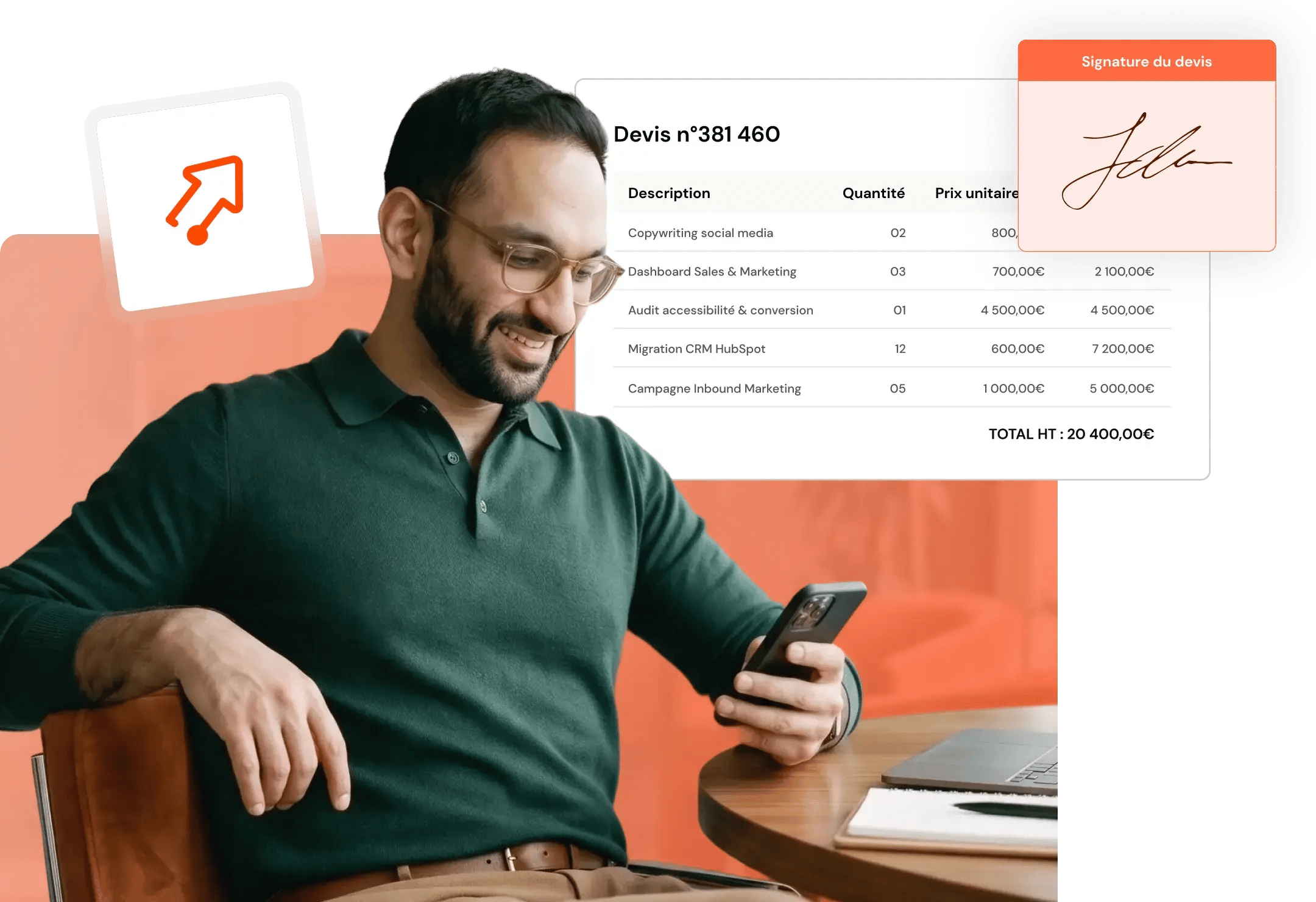 Professionnel consultant son téléphone devant une interface de devis avec une option de signature électronique.