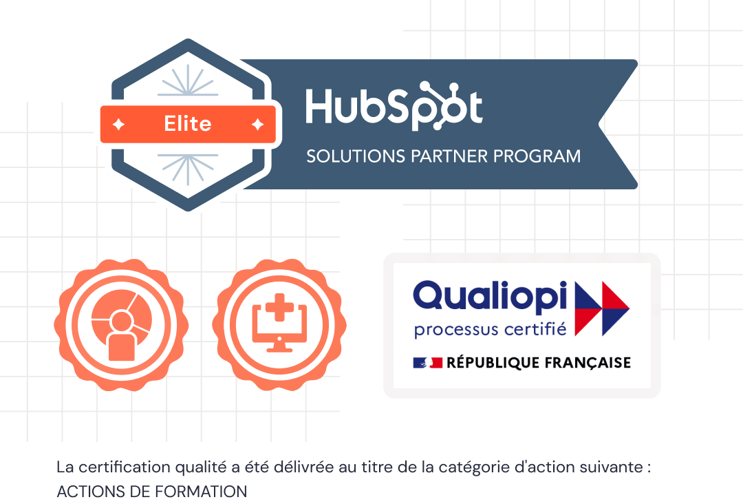 Elite Solution Partner logo, 2 HubSpot and Qualiopi certifications
