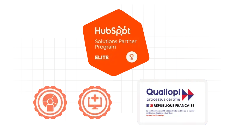 Logo Elite Solution Partner, 2 certifications HubSpot et Qualiopi