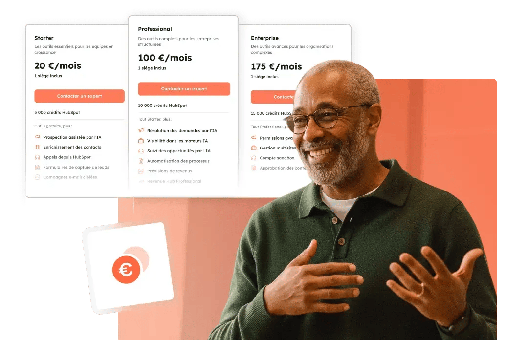 Grille des tarifs HubSpot 2026 : Starter à 20 €/mois, Professional à 100 €/mois et Enterprise à 175 €/mois, avec 5 000 à 15 000 crédits inclus