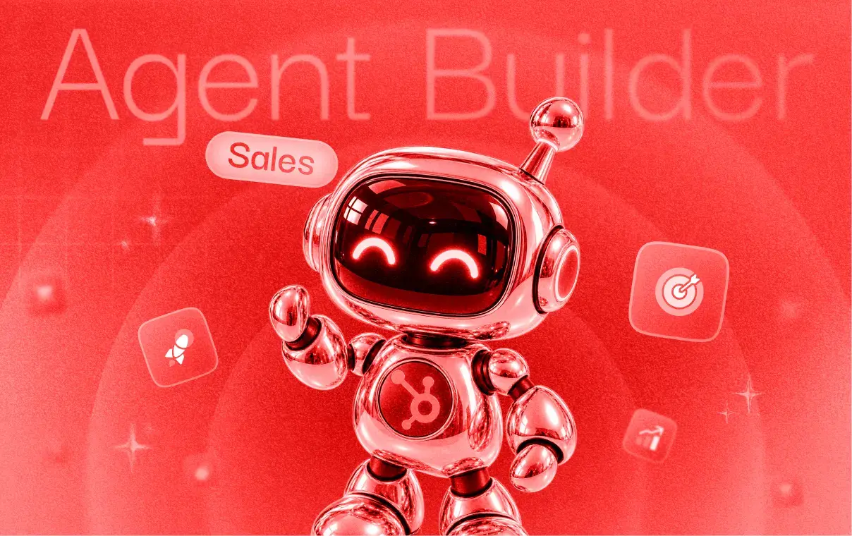 Illustration d'un petit robot métallique souriant avec le logo HubSpot sur le torse, sur un fond rouge affichant le texte 'Agent Builder Sales' et des icônes flottantes représentant une fusée, une cible et un graphique de croissance.