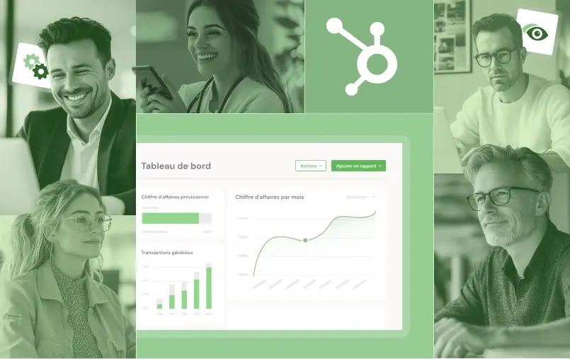 Représentation d'une équipe autour d'un tableau de bord CRM HubSpot symbolisant une adoption de celui ci