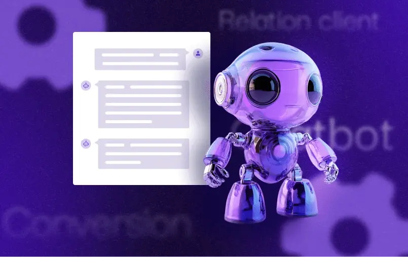 Cover illustrant un robot violet représentant un chatbot HubSpot, les mots clés relation client, chatbot et conversion sont présents en fond. Une icône de chat se trouve à gauche du robot.