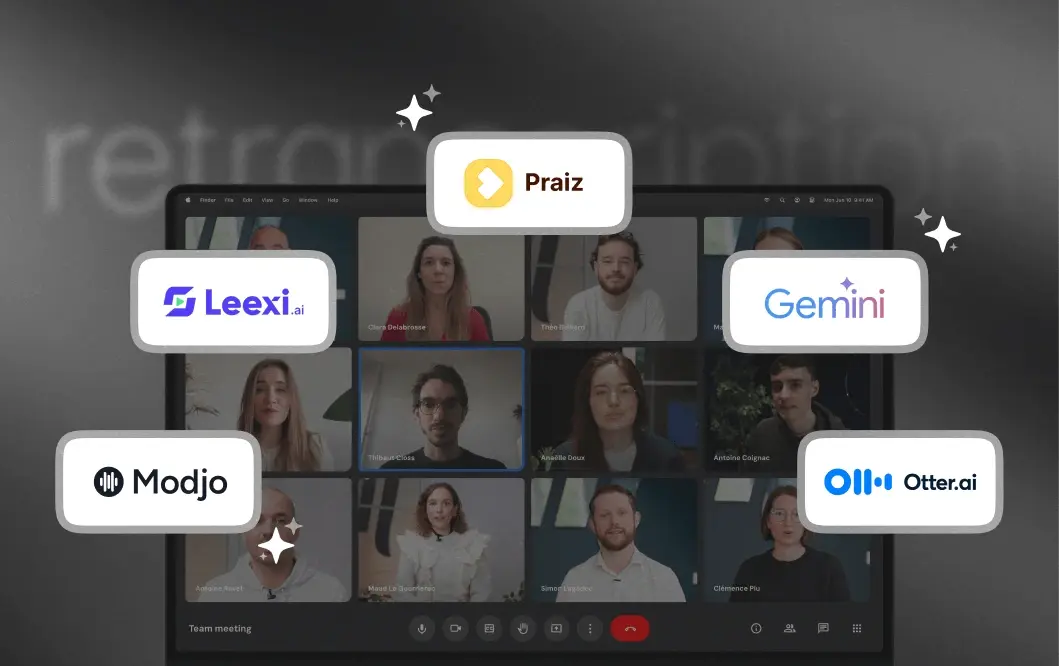 Illustration des outils de retranscriptions cités sur fond de meeting vidéo d'une équipe