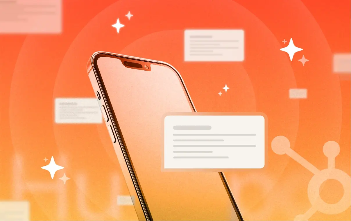 Illustration avec un téléphone, des bulles sms et le logo HubSpot sur fond orange 