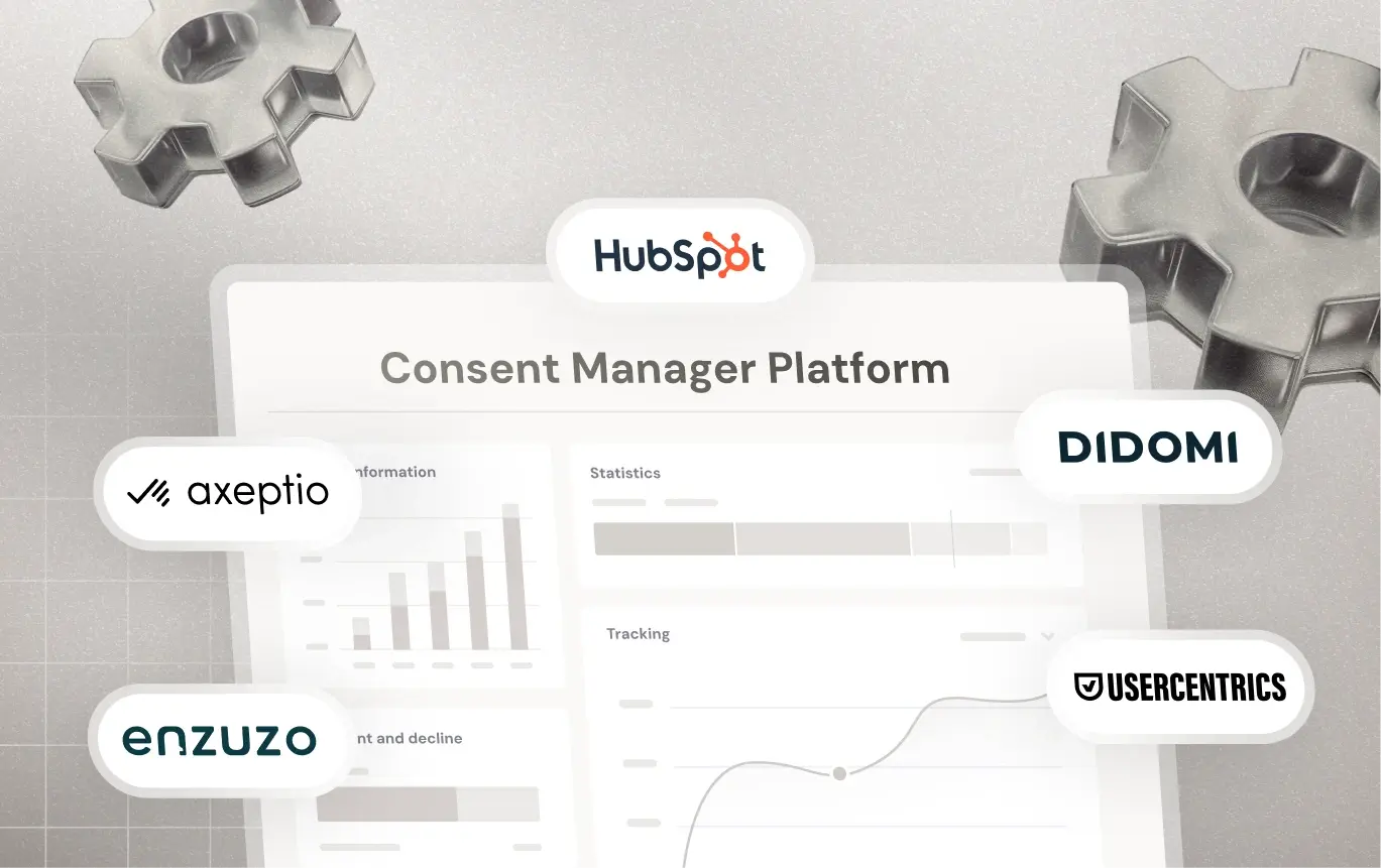 Illustration de cinq plateformes de gestion du consentement : Enzuzo, Axeptio, HubSpot, Didomi et Usercentrics