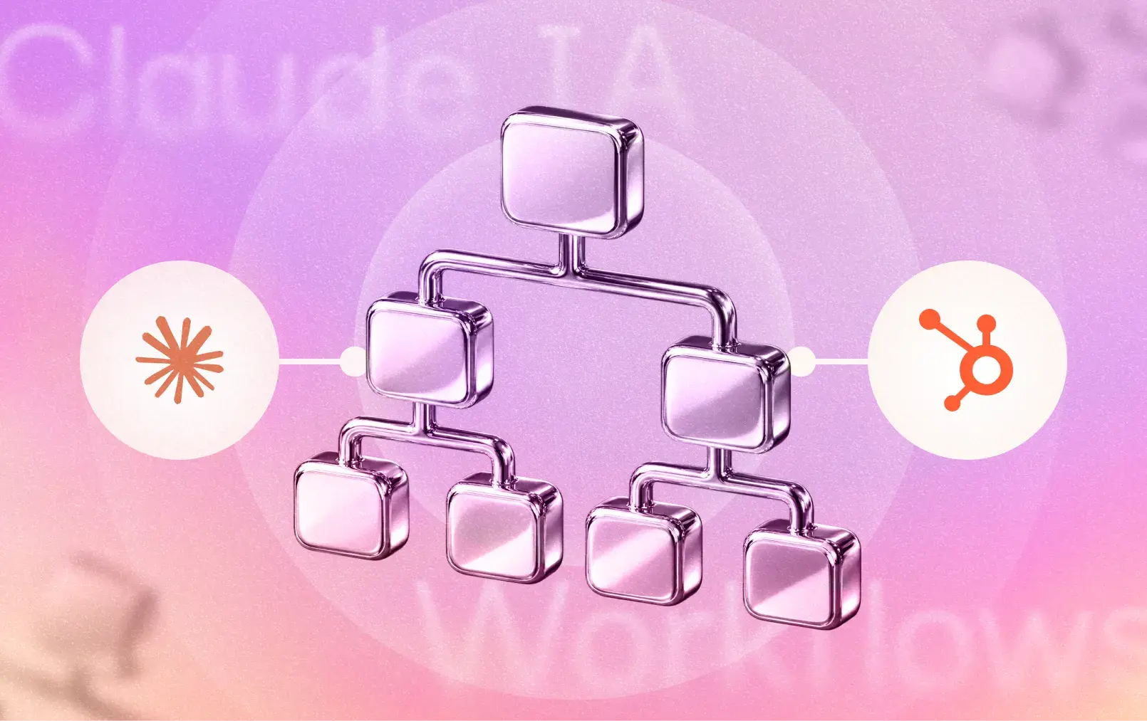Le logo de Claude à gauche et de HubSpot à droite avec un schéma représentant un workflow au milieu