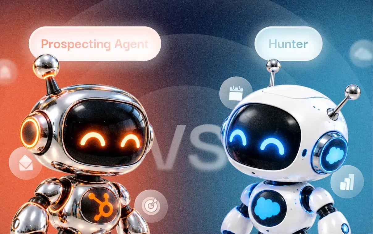 Comparaison entre HubSpot Prospecting Agent et Salesforce Hunter, représentés par deux robots futuristes, l’un orange et l’autre bleu, symbolisant les outils de prospection commerciale automatisée par IA.