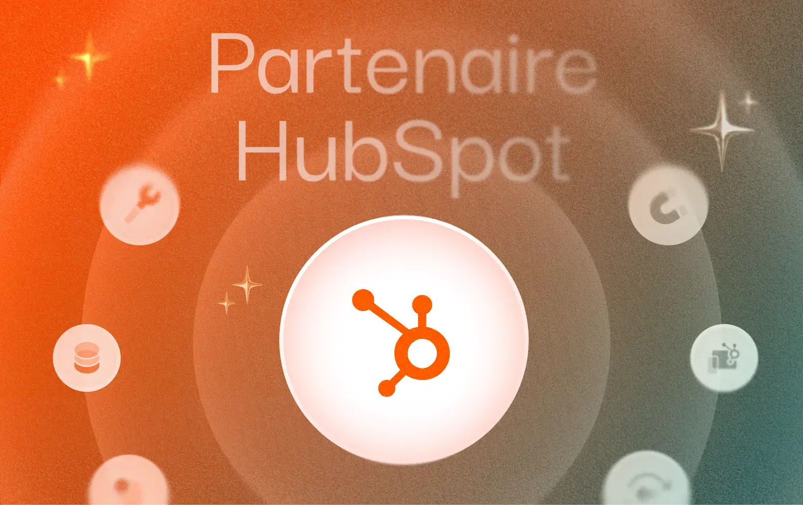 Le logo HubSpot au centre de l'image dans un rond blanc. Le mot clé 