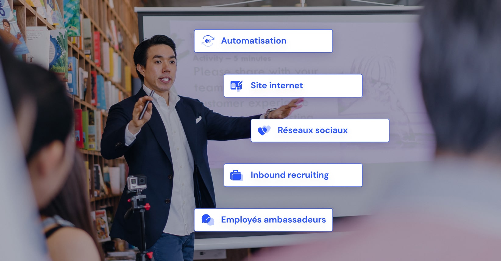 Homme qui explique un diaporama. 5 encarts sur la photo : automatisation, site internet, réseaux sociaux, inbound recruiting, employé ambassadeurs