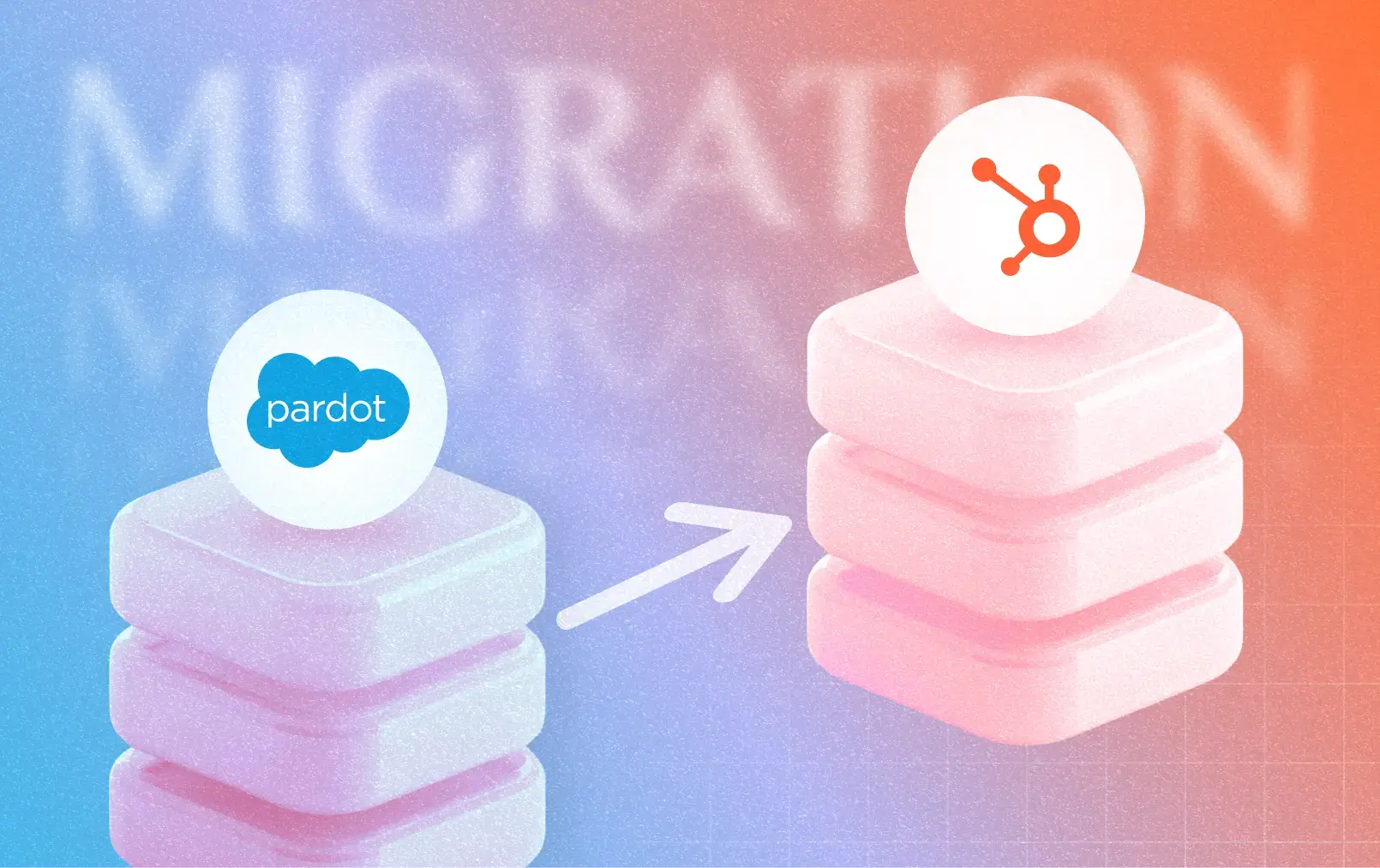 Le logo de Pardot en bas à gauche de l'image, une flèche au milieu pointe vers le logo HubSpot pour représenter la migration de Pardot vers HubSpot