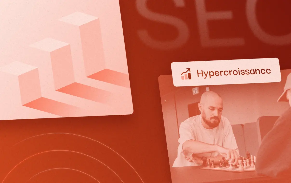 Illustration du SEO en phase d'hyper croissance sur fond rouge avec un homme qui est concentré sur sa partie d'échecs.