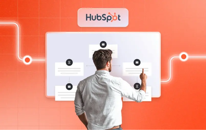 Illustration des workflows Sales Hub d'HubSpot sur fond orange 