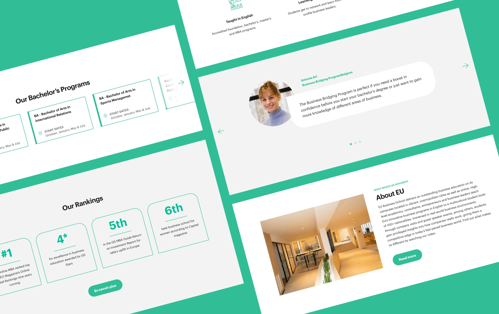 Les différents modules des landing pages de EU Business School
