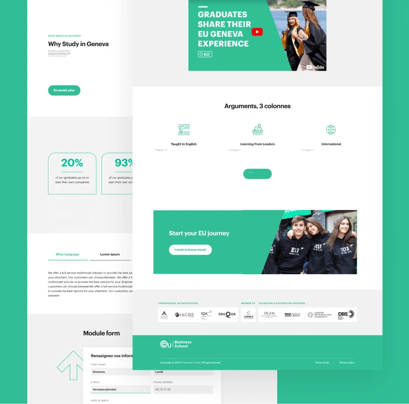 Les différentes modules des landing pages EU Business School