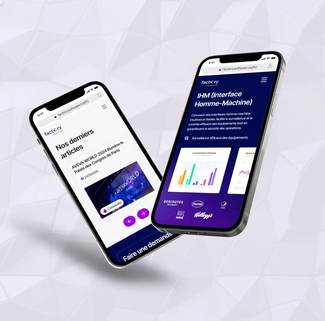 Visuels responsives du site de Factory Software sur mockups mobiles