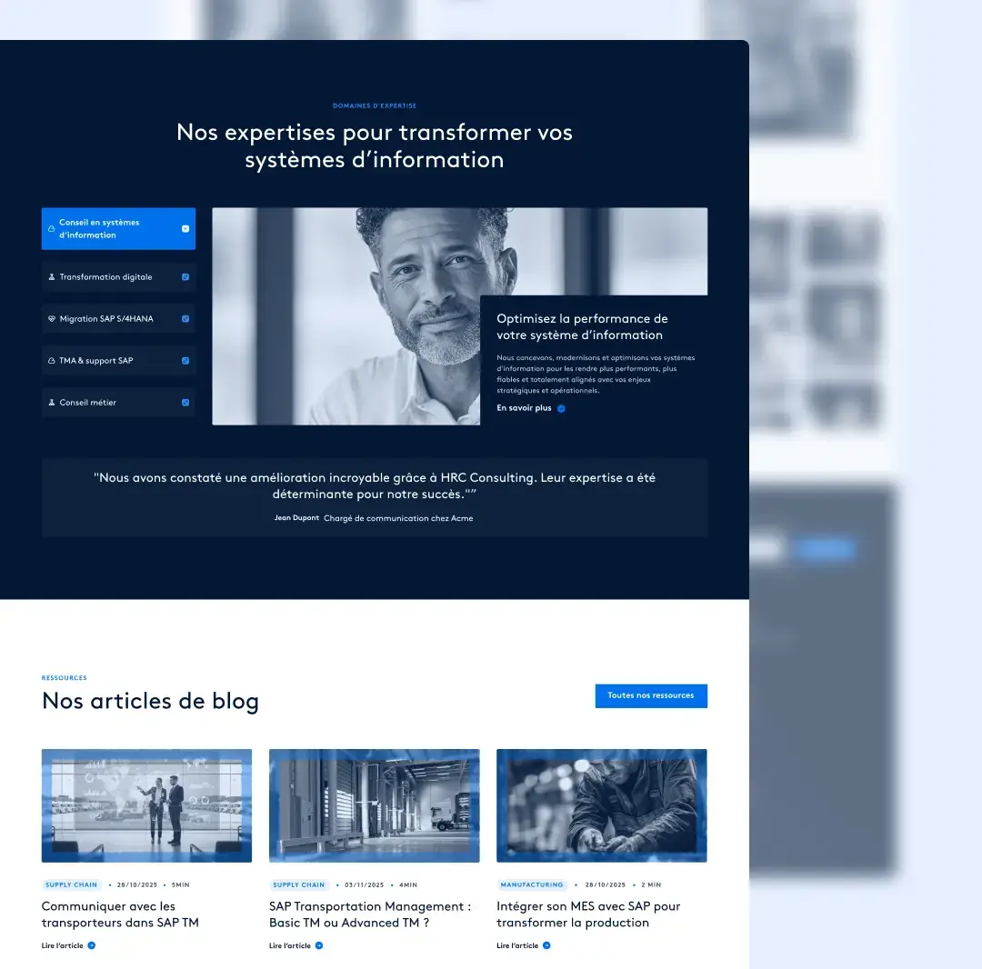 Page domaines d'expertise et ressources sur le site HRC Consulting