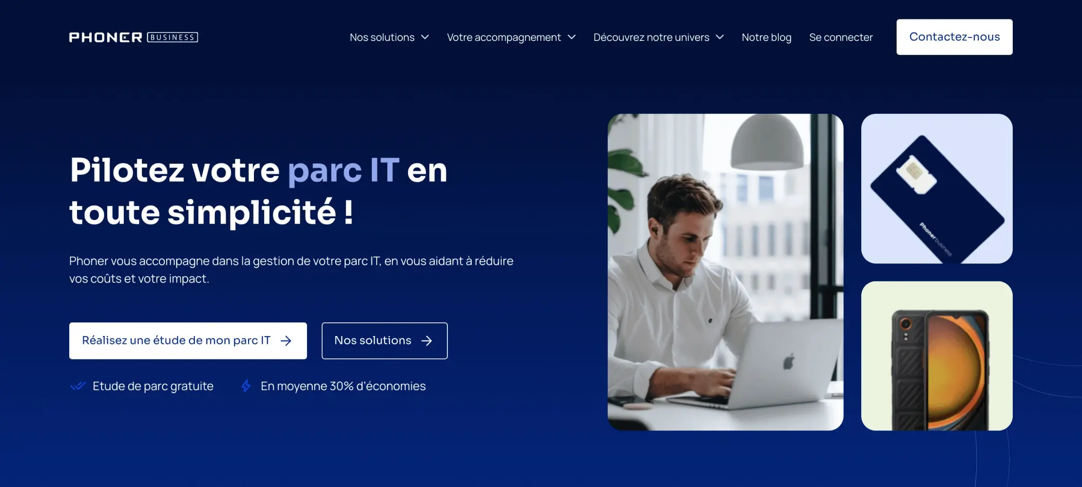 Site web de Phoner après la refonte avec les nouveaux visuels sur fond bleu marine
