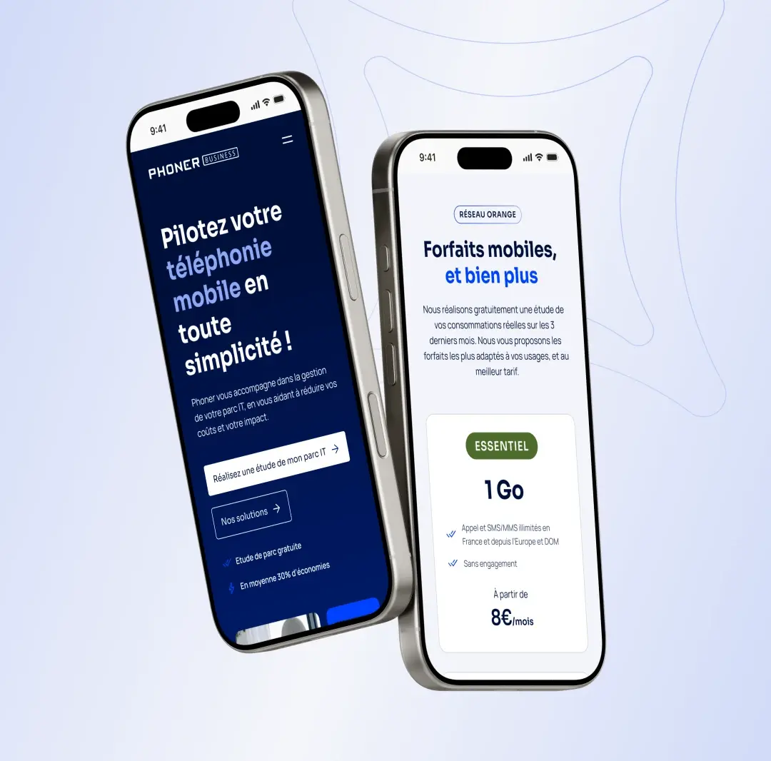Mockups des visuels du site web de Phoner sur mobile