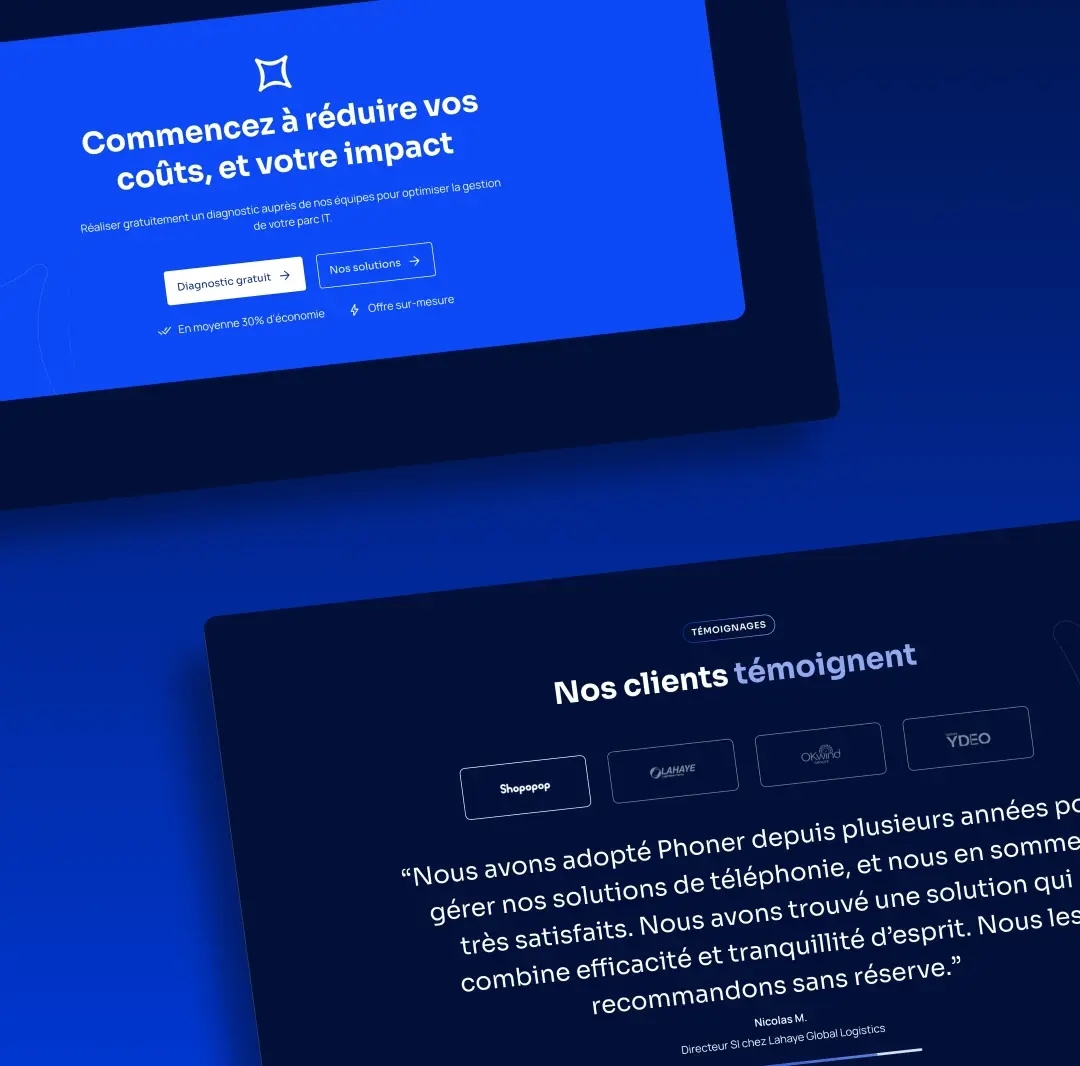 Visuels pages du site web Phoner bleu roi et bleu marine